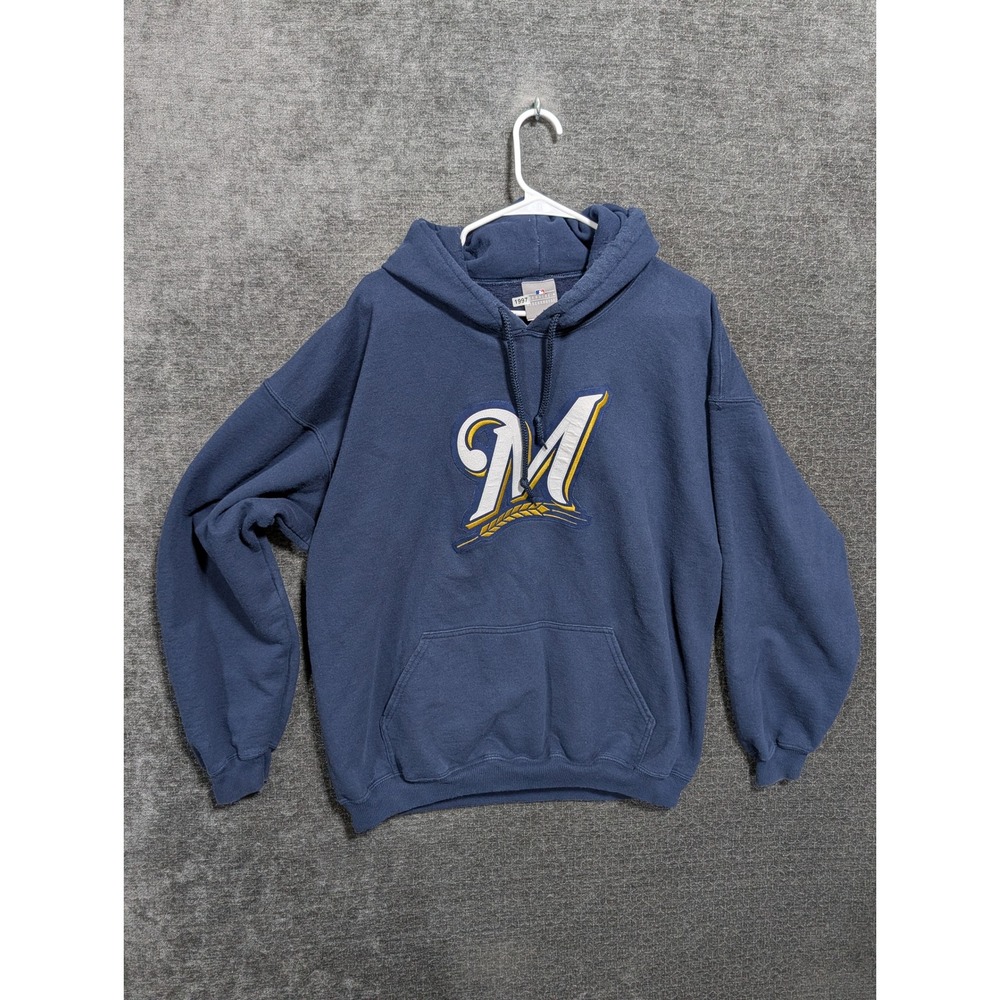 Majestic Milwaukee Brewers Hoodie Navy Blue Embroidered Logo MLB Mens XL
